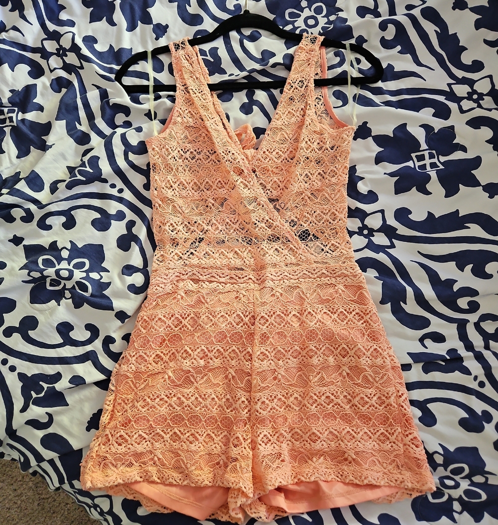 Delicate Peach Lace Romper with Lined Bodice
